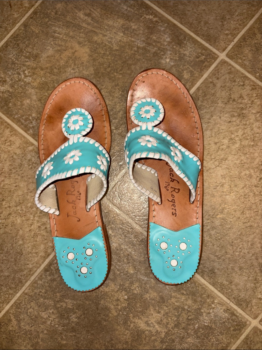 Jack Rogers Turquoise and White Leather Slide Sandals